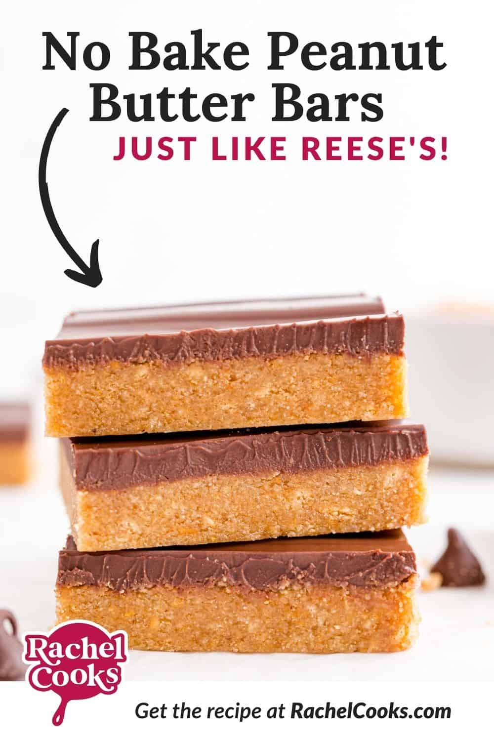 Bars, text overlay reads "no bake peanut butter bars - just like reese's!"