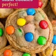 Cookies, text overlay reads "M&M cookies, perfect!"