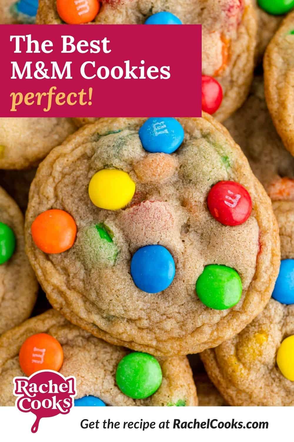 Cookies, text overlay reads "M&M cookies, perfect!"
