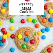 Cookies, text overlay reads "perfect M&M cookies."