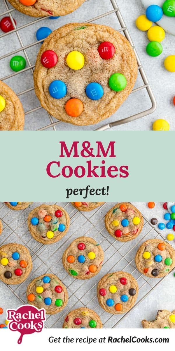 Cookies, text overlay reads "M&M cookies, perfect!"