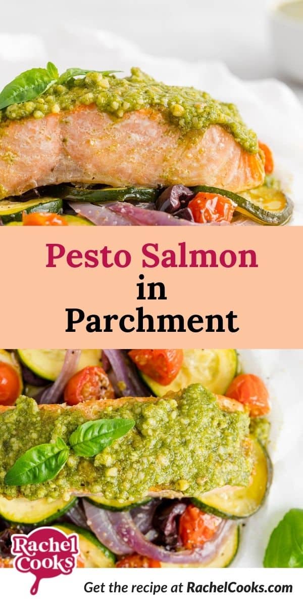 Salmon, text overlay reads "pesto salmon in parchment."