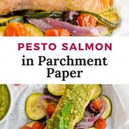 Salmon, text overlay reads "pesto salmon in parchment paper."