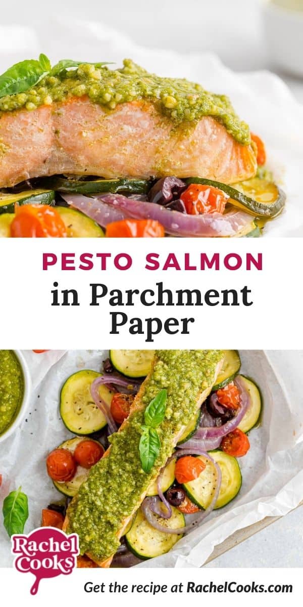 Salmon, text overlay reads "pesto salmon in parchment paper."