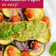 Salmon, text overlay reads "pesto salmon in parchment paper - so easy."