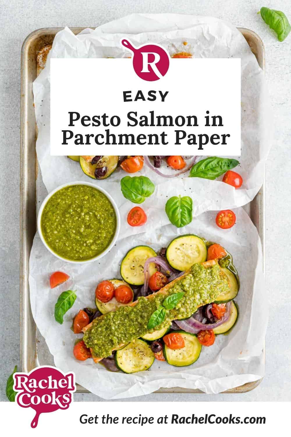 Salmon, text overlay reads "easy pesto salmon in parchment paper."