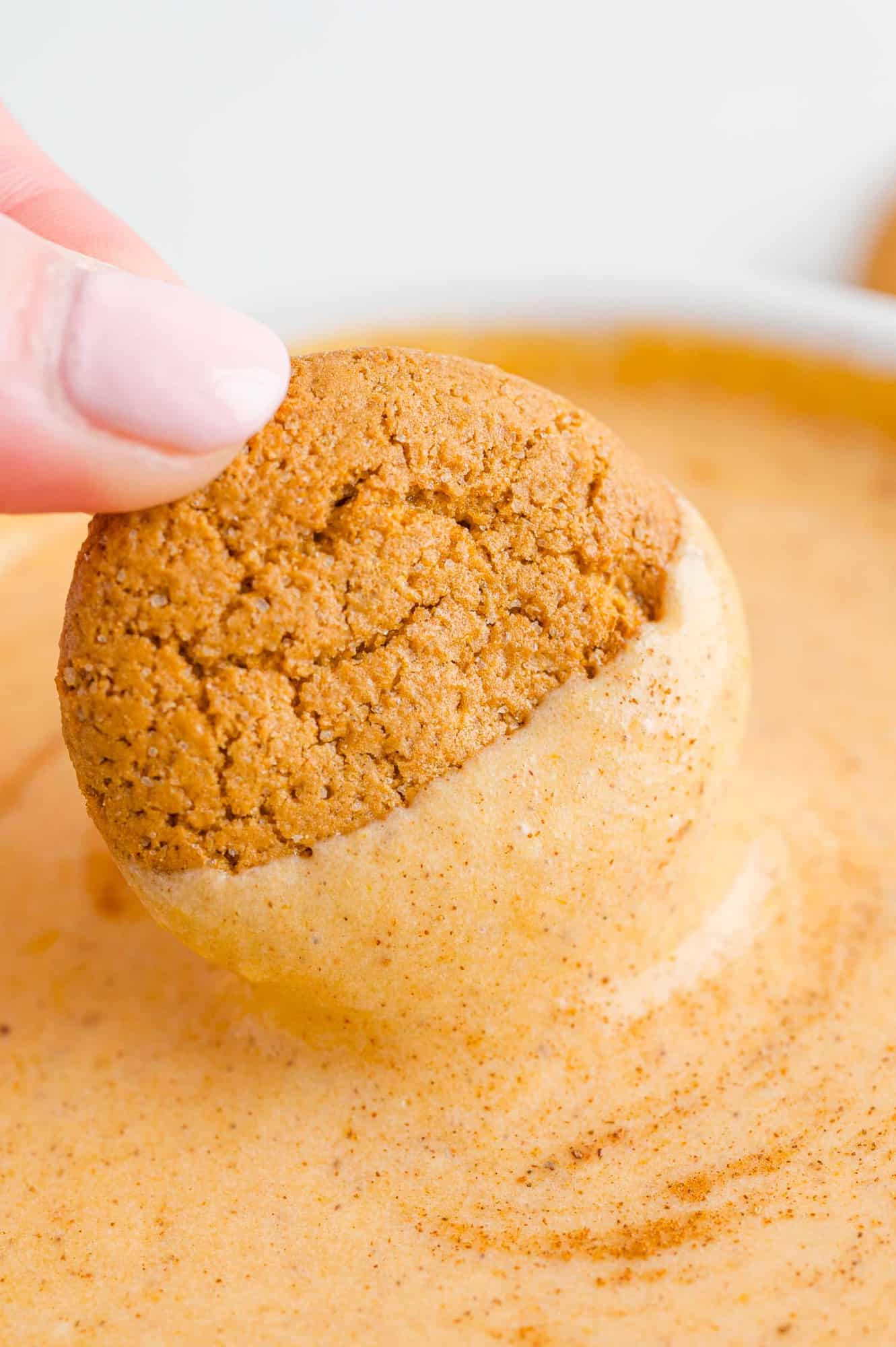 Gingersnap cookie being dipped into pumpkin pie dip.