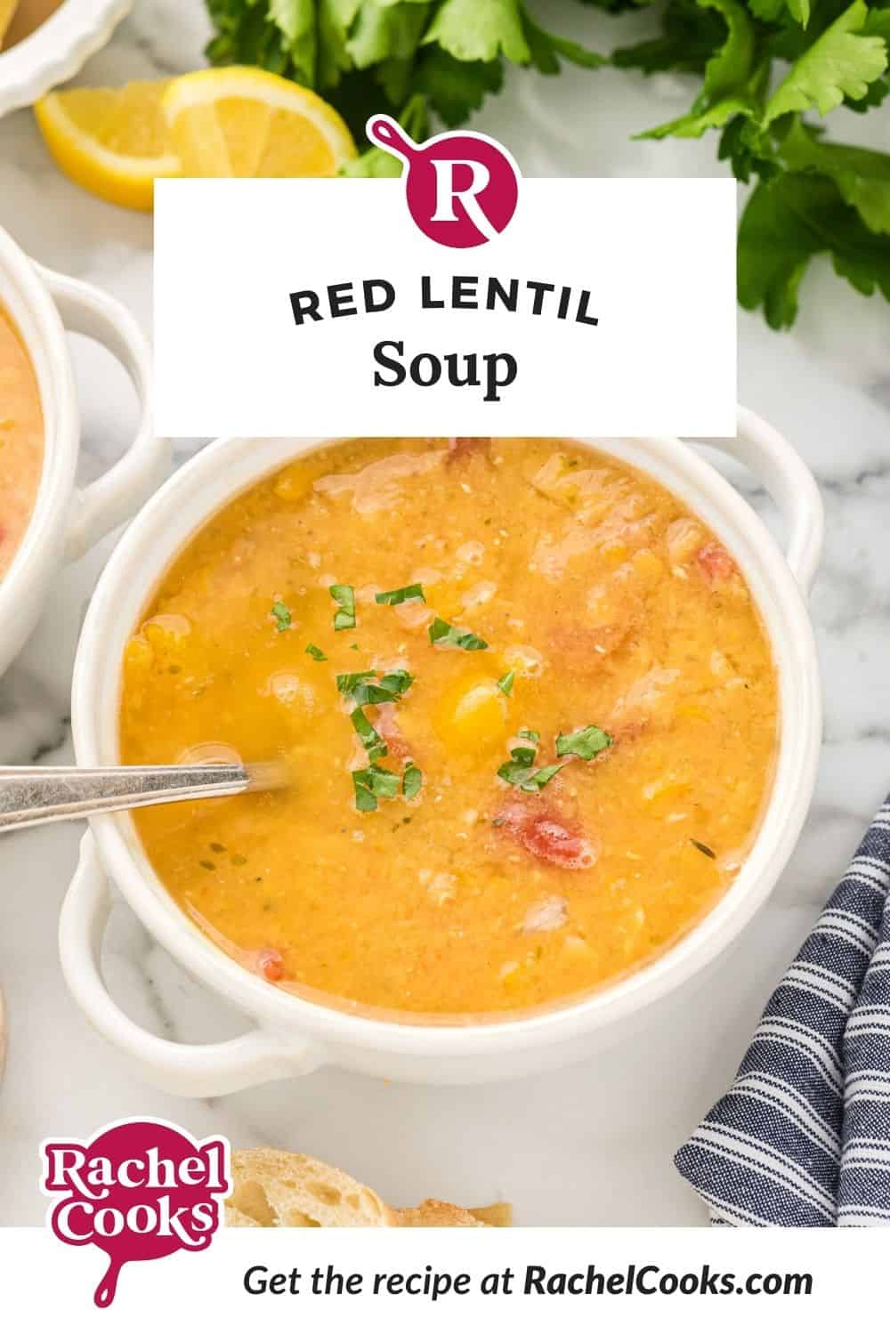 Orange colored soup, text overlay reads "red lentil soup."