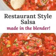 Salsa, text overlay reads "restaurant style salsa - made in the blender!"