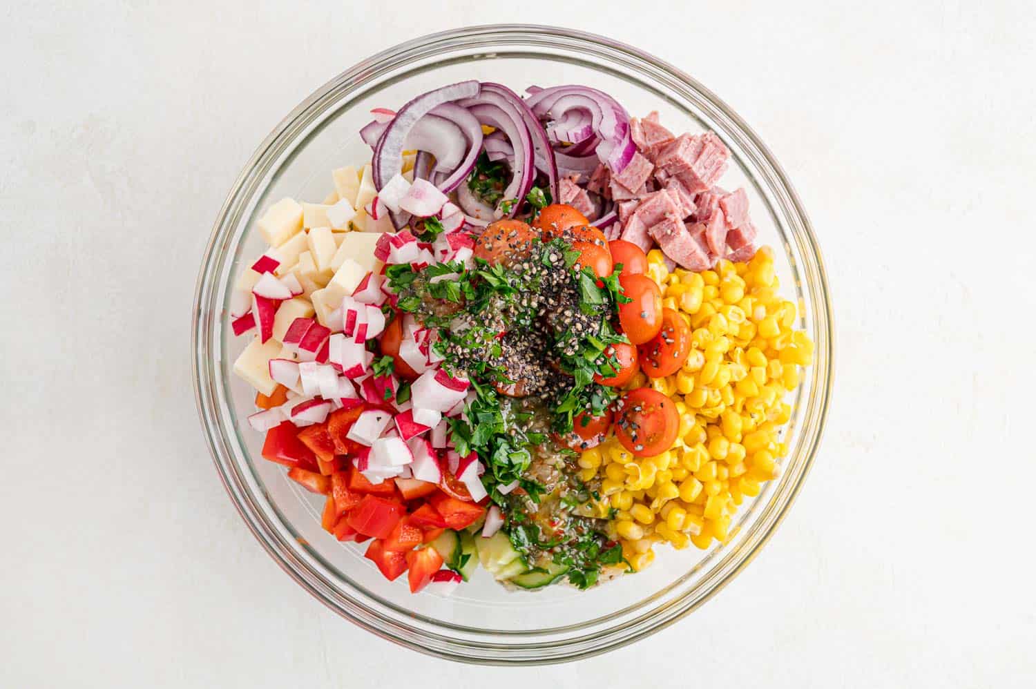 Summer pasta salad, not yet tossed together.