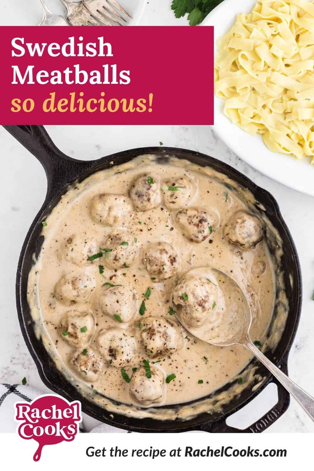 Meatballs, text overlay reads "Swedish meatballs - so delicious!"