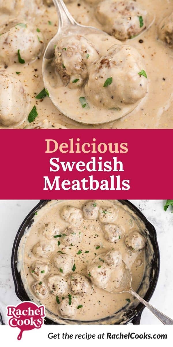 Meatballs, text overlay reads "Delicious Swedish meatballs."