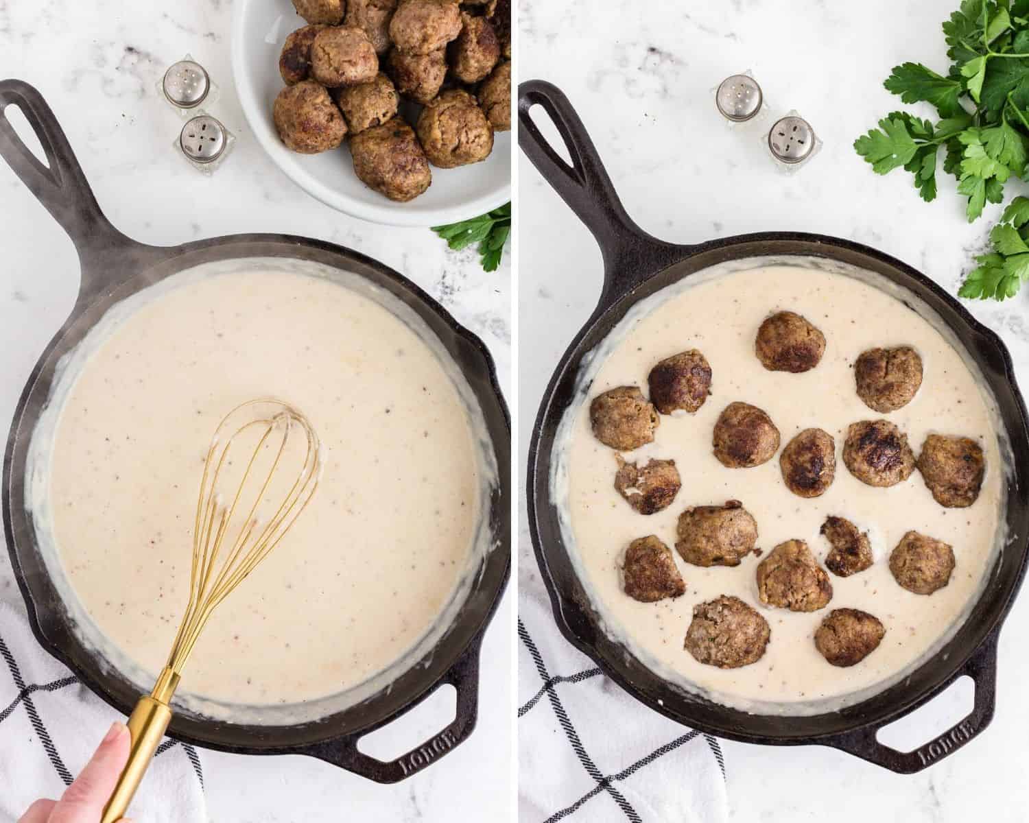Sauce before and after adding meatballs.