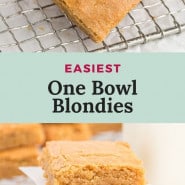 Bars, text overlay reads, "easiest one bowl blondies."