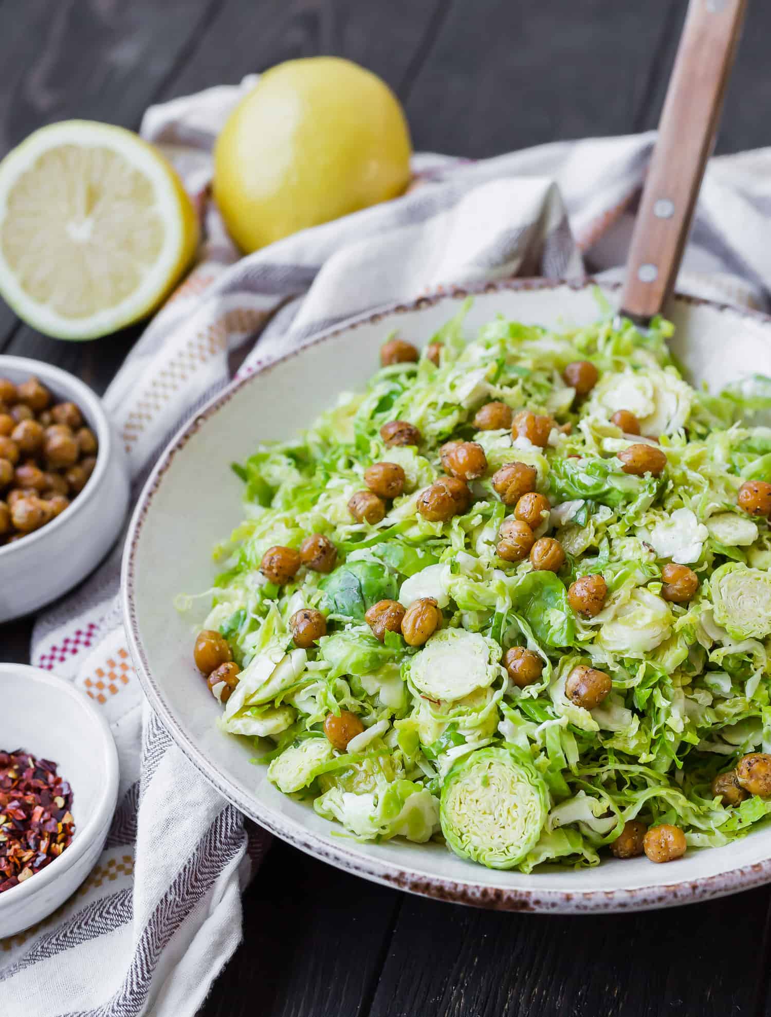 Brussels sprouts salad with crispy chickpeas.