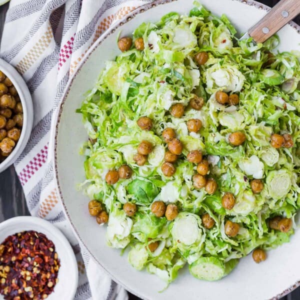 Brussels sprouts salad with crispy chickpeas.