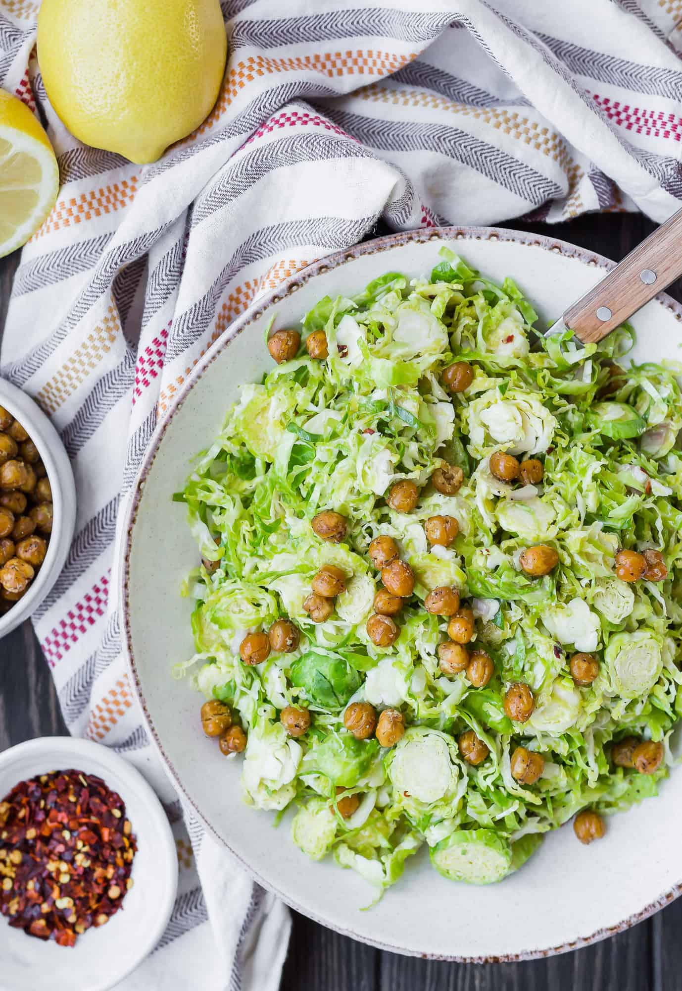 Overhead view of brussels sprouts salad with crispy chickpeas.