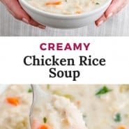 Soup, text overlay reads "creamy chicken rice soup."