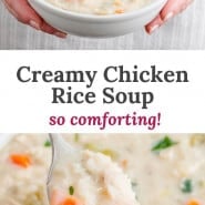 Soup, text overlay reads "creamy chicken rice soup - so comforting."