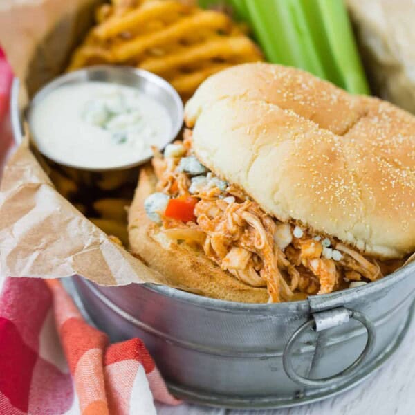 Crockpot buffalo chicken sandwich with blue cheese.