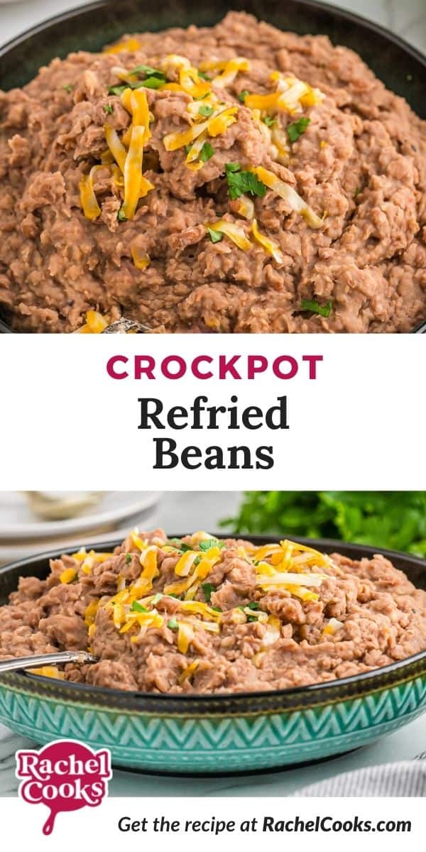 Beans, text overlay reads "crockpot refried beans."