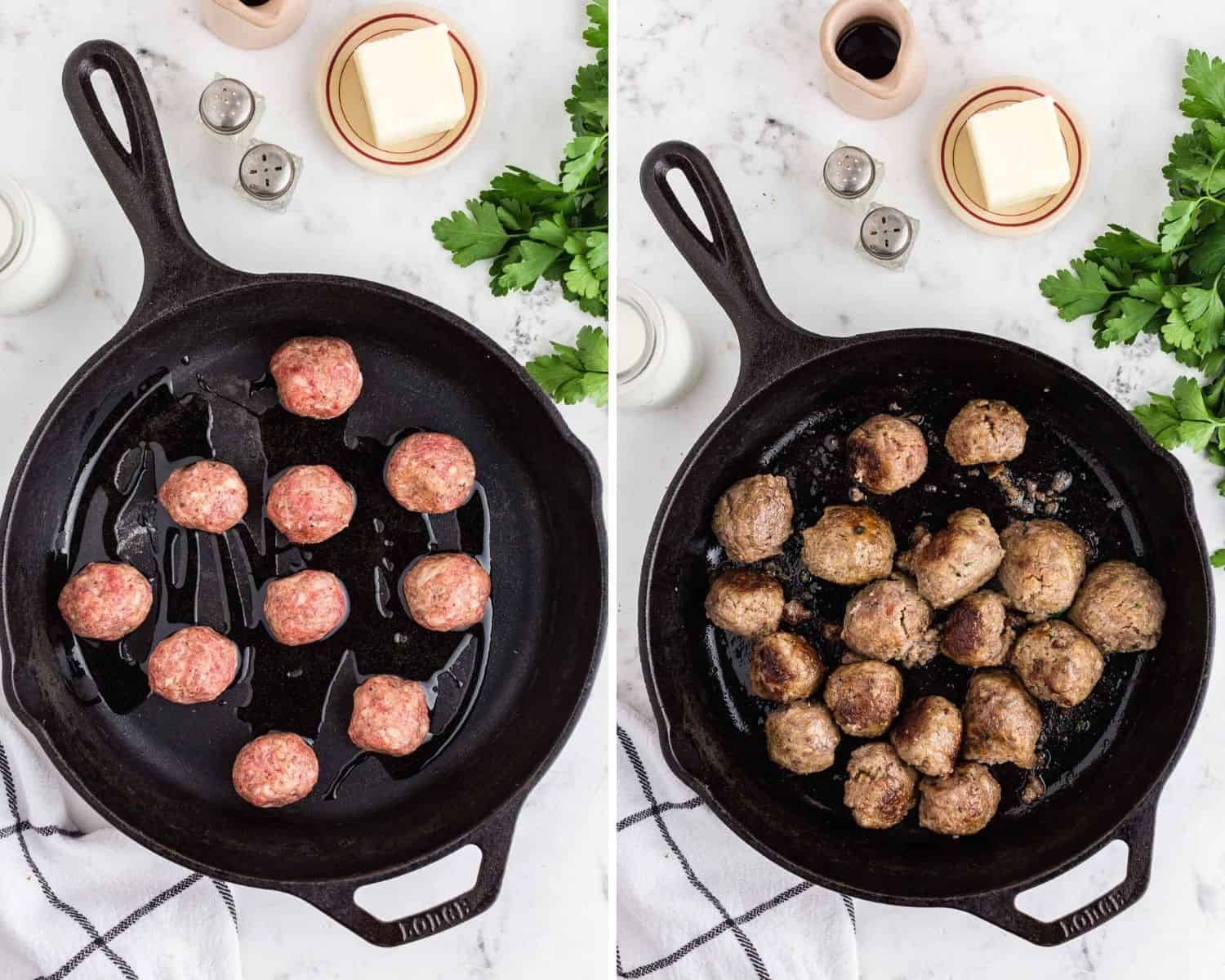 Meatballs before and after browning.