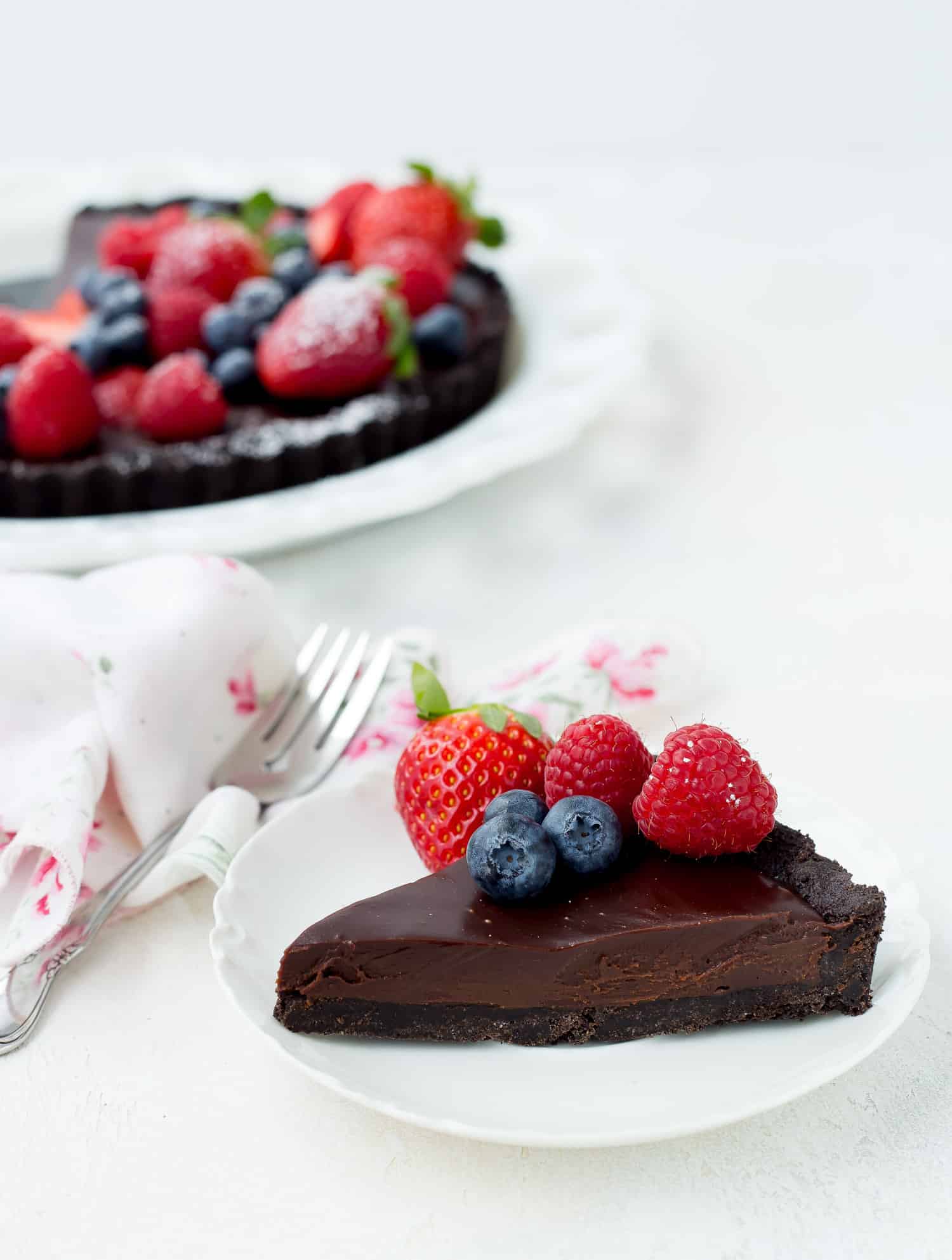 Slice of a tart on a small white plate.