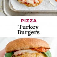 Burger, text overlay reads "pizza turkey burgers."