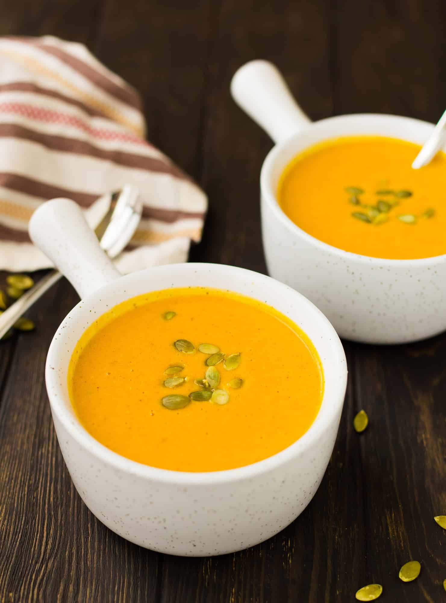 Front view of pumpkin soup in bowl.