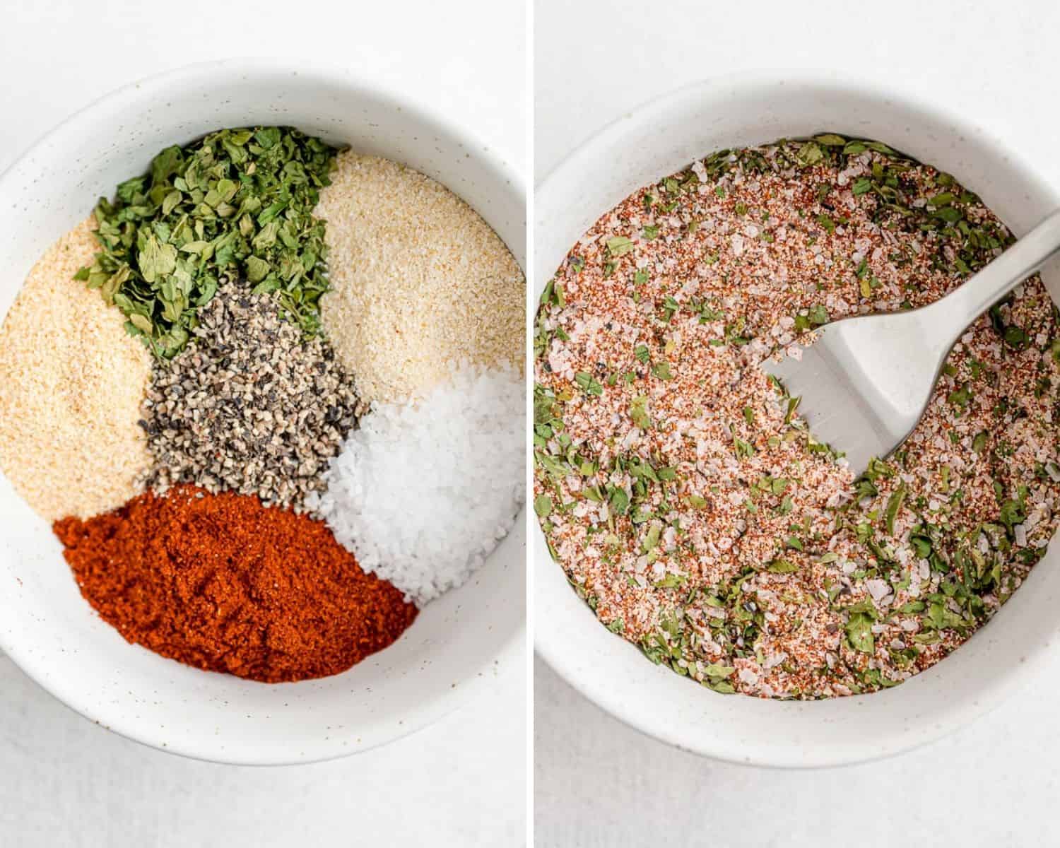 Spices before and after being mixed.