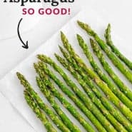 Cooked asparagus, text overlay reads "air fryer asparagus - so good."