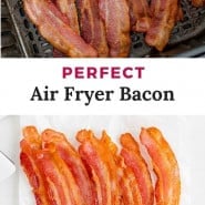 Bacon, text overlay reads, "perfect air fryer bacon."