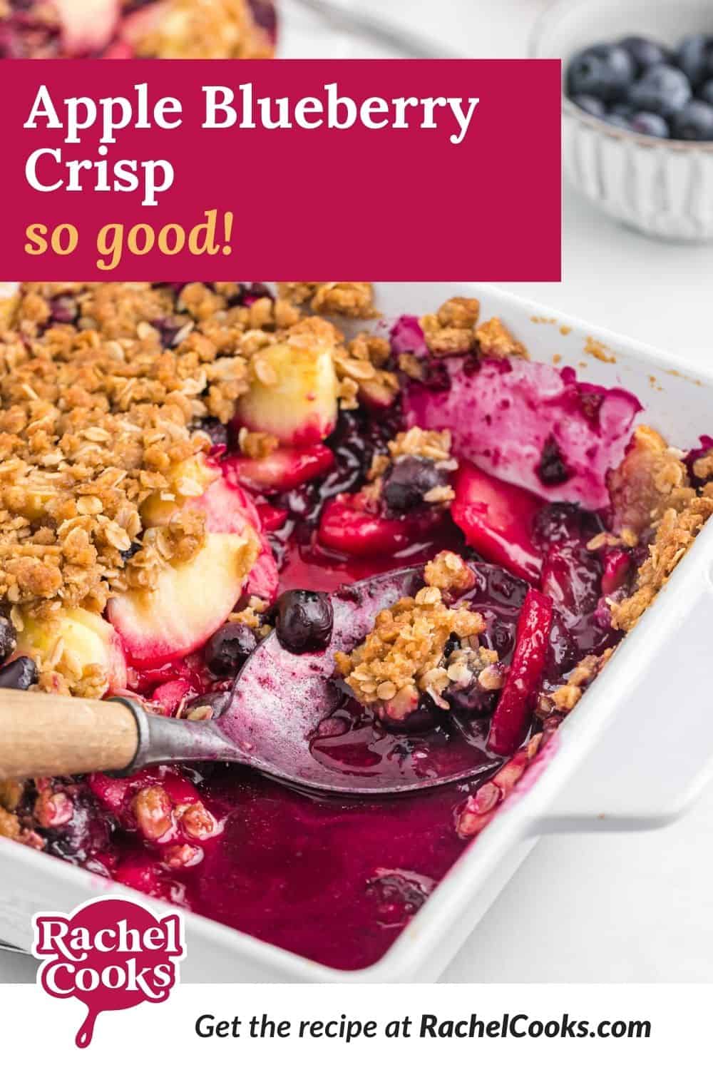 Fruit crisp, text overlay reads "apple blueberry crisp - so good!"