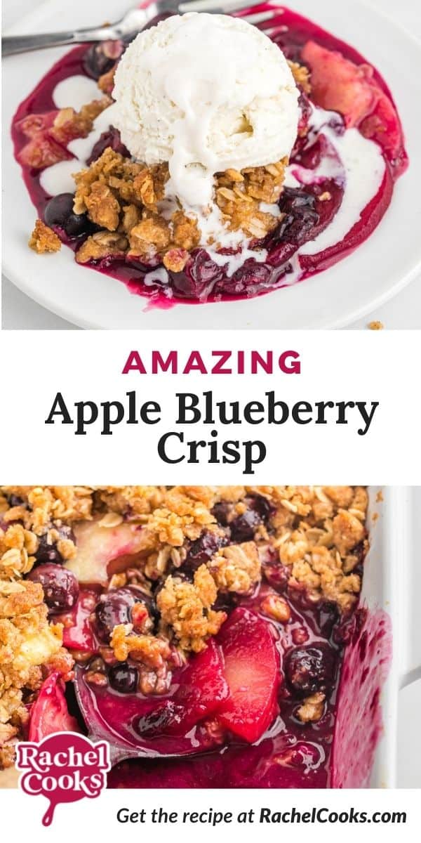 Fruit crisp, text overlay reads "amazing apple blueberry crisp."