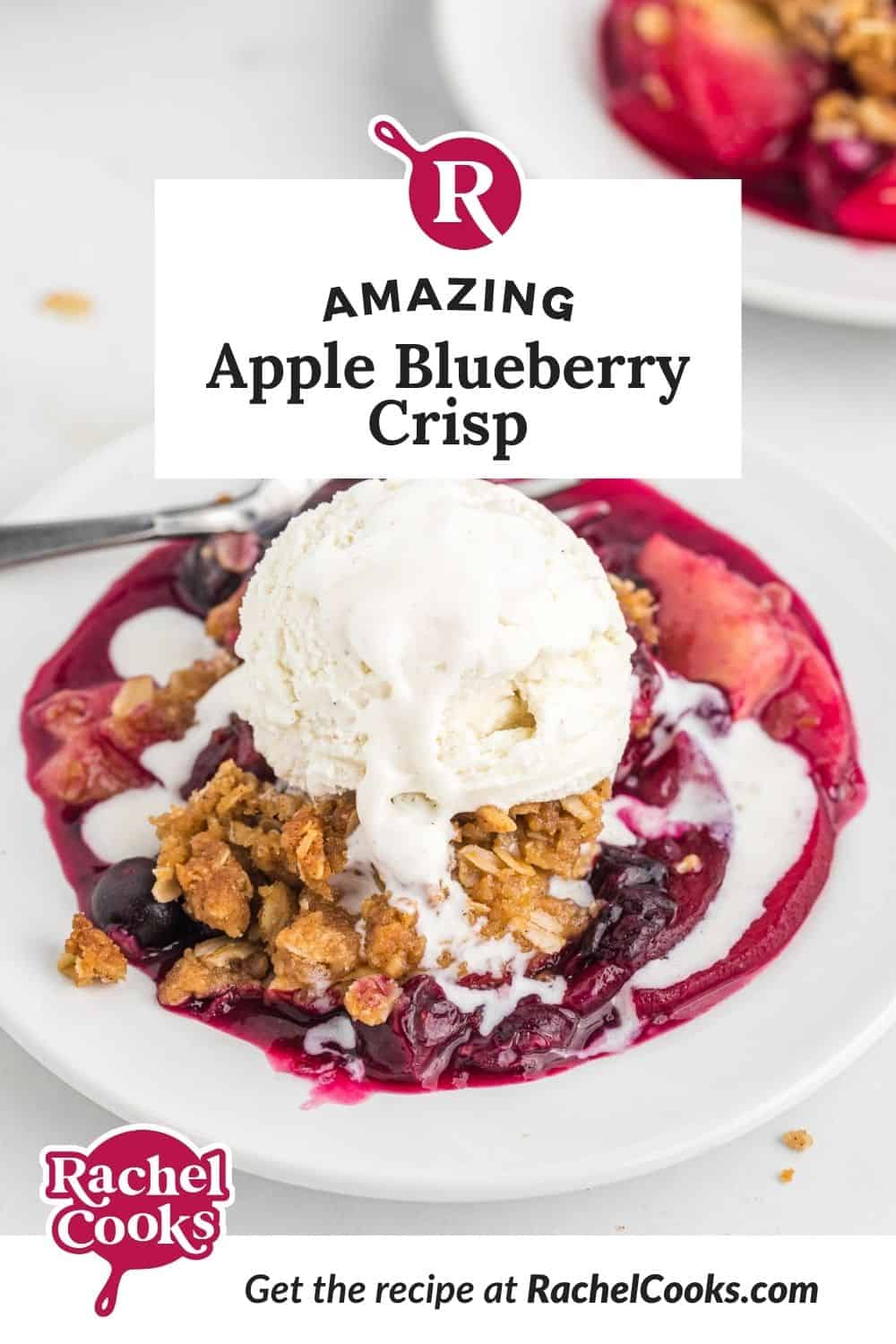 Fruit crisp, text overlay reads "amazing apple blueberry crisp."