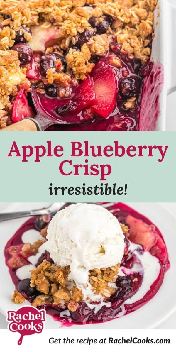 Fruit crisp, text overlay reads "apple blueberry crisp - irresistible!"