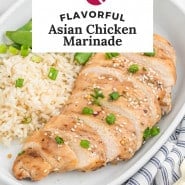 Chicken, text overlay reads "flavorful asian chicken marinade."