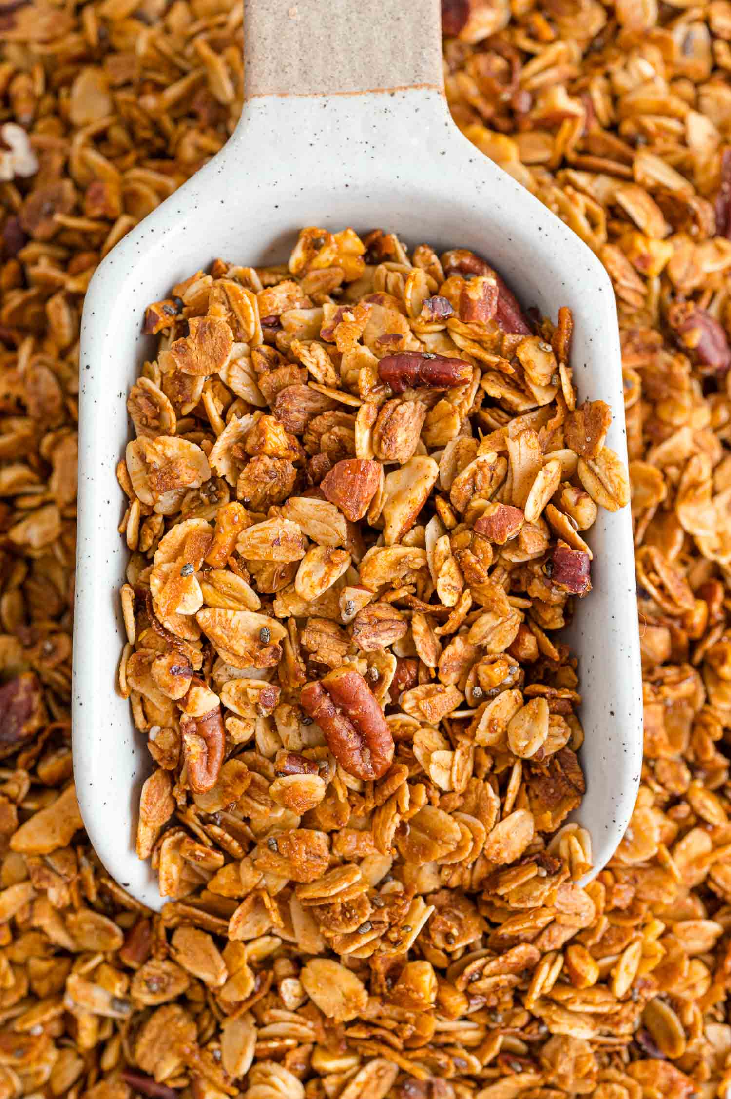 Granola in a white scoop resting on more.