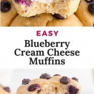 Muffins, text overlay reads "easy blueberry cream cheese muffins."