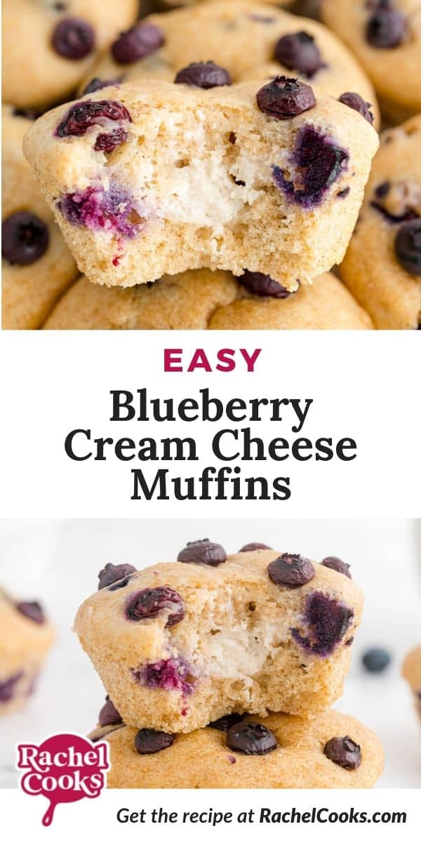 Muffins, text overlay reads "easy blueberry cream cheese muffins."