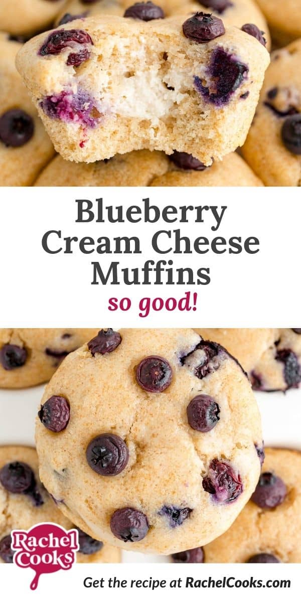 Muffins, text overlay reads "blueberry cream cheese muffins - so good!"