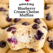 Muffins, text overlay reads "amazing blueberry cream cheese muffins."
