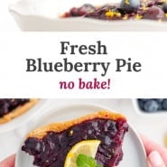 Pie, text overlay reads "fresh blueberry pie - no bake."