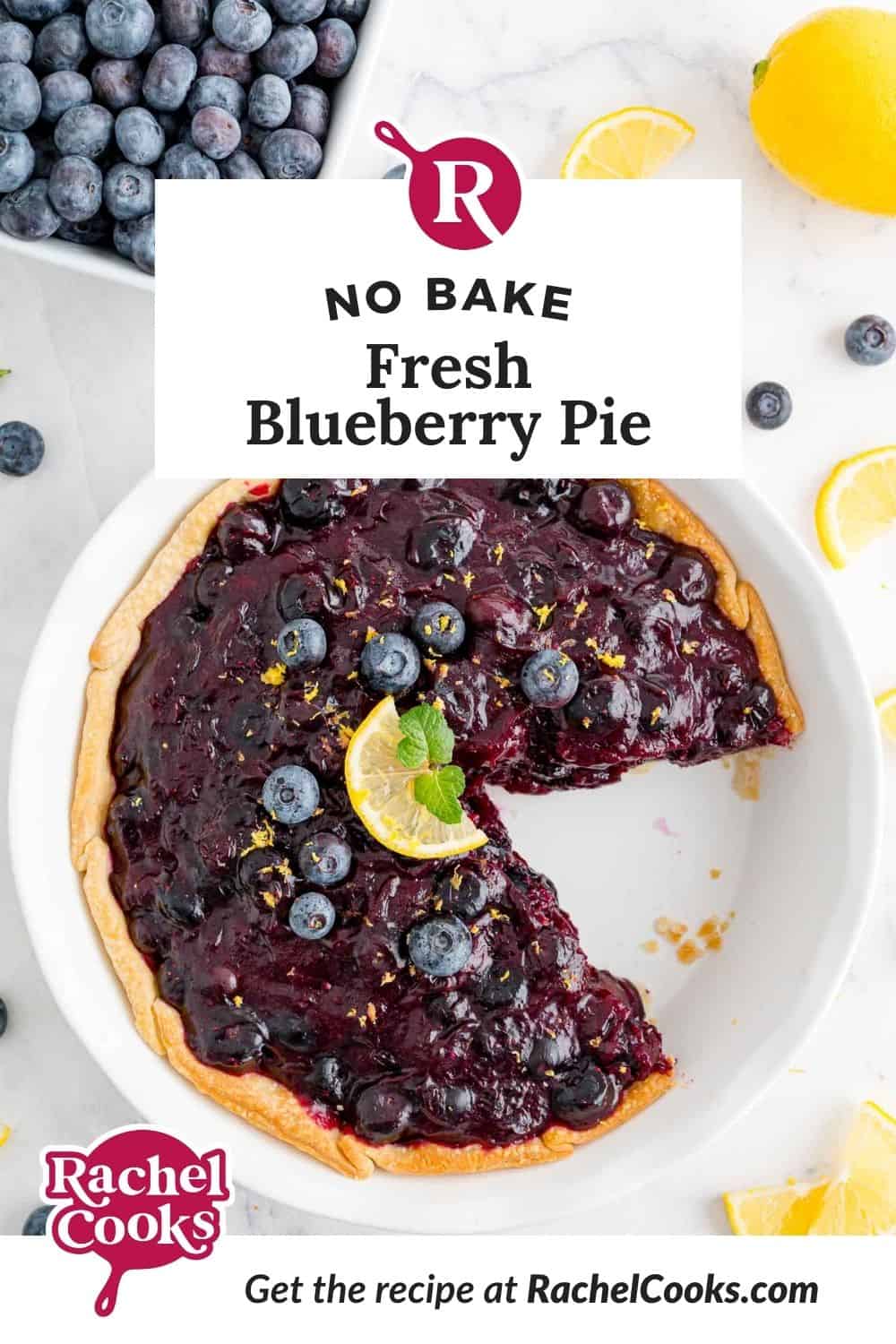 Pie, text overlay reads "no bake fresh blueberry pie."