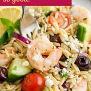 Pasta salad, text overlay reads "greek orzo salad - so good."