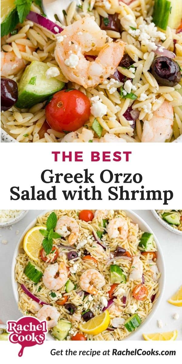 Pasta salad, text overlay reads "the best greek orzo salad with shrimp."