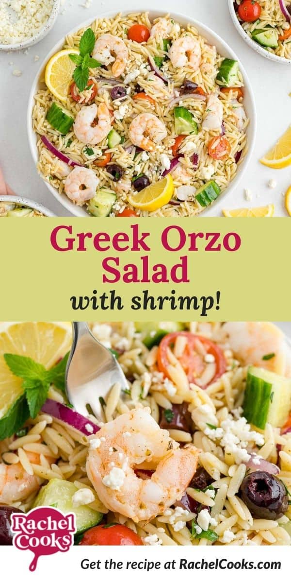 Pasta salad, text overlay reads "greek orzo salad with shrimp."