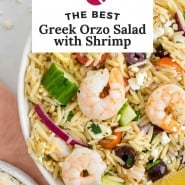 Pasta salad, text overlay reads "the best greek orzo salad with shrimp."