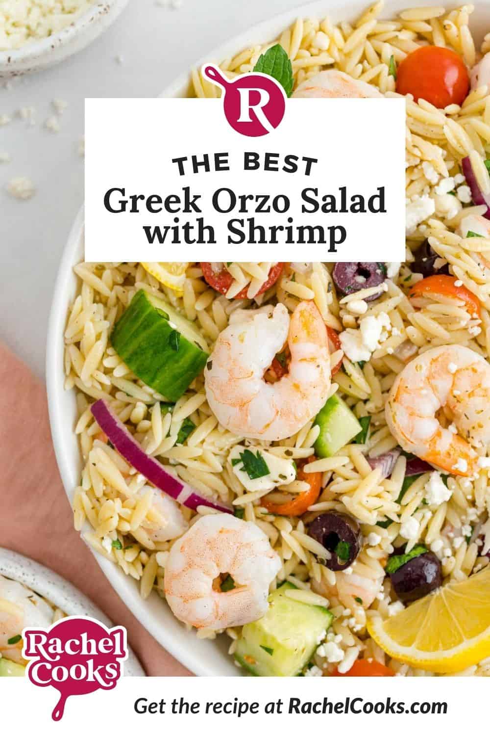 Pasta salad, text overlay reads "the best greek orzo salad with shrimp."