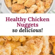 Chicken nuggets, text overlay reads "healthy chicken nuggets - so perfect."